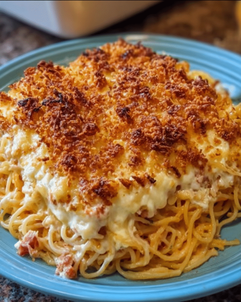 Baked Cream Cheese Spaghetti Casserole Heaven awaits you!
