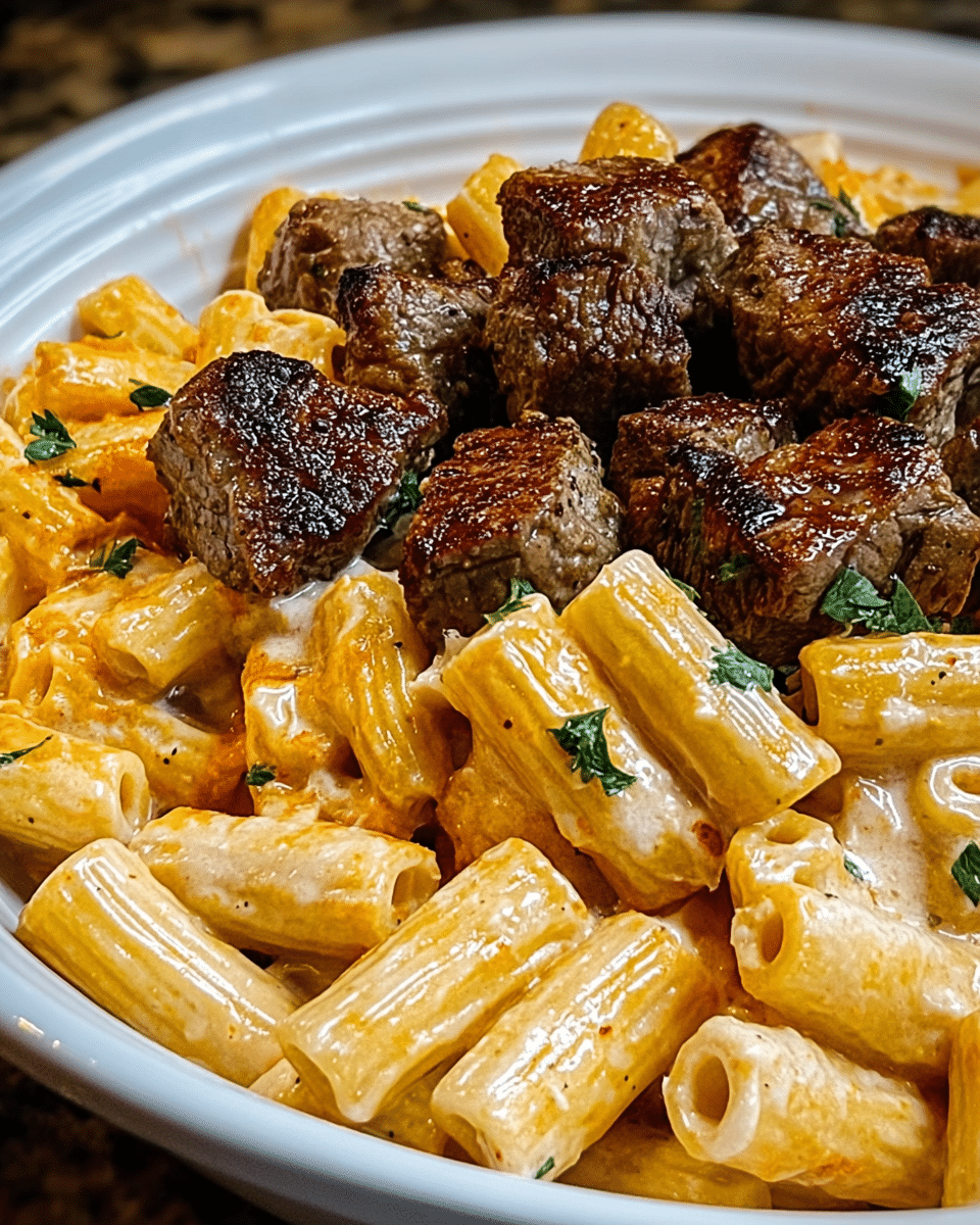 Cajun Steak Tips in Cheesy Rigatoni Parmesan Sauce
