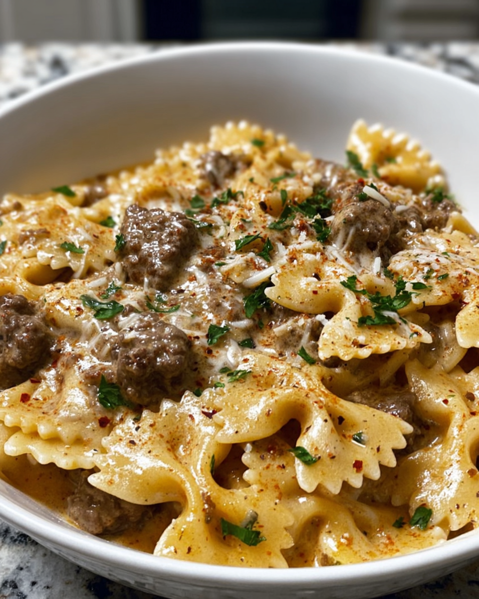 Creamy Parmesan Garlic Beef Bowtie Pasta