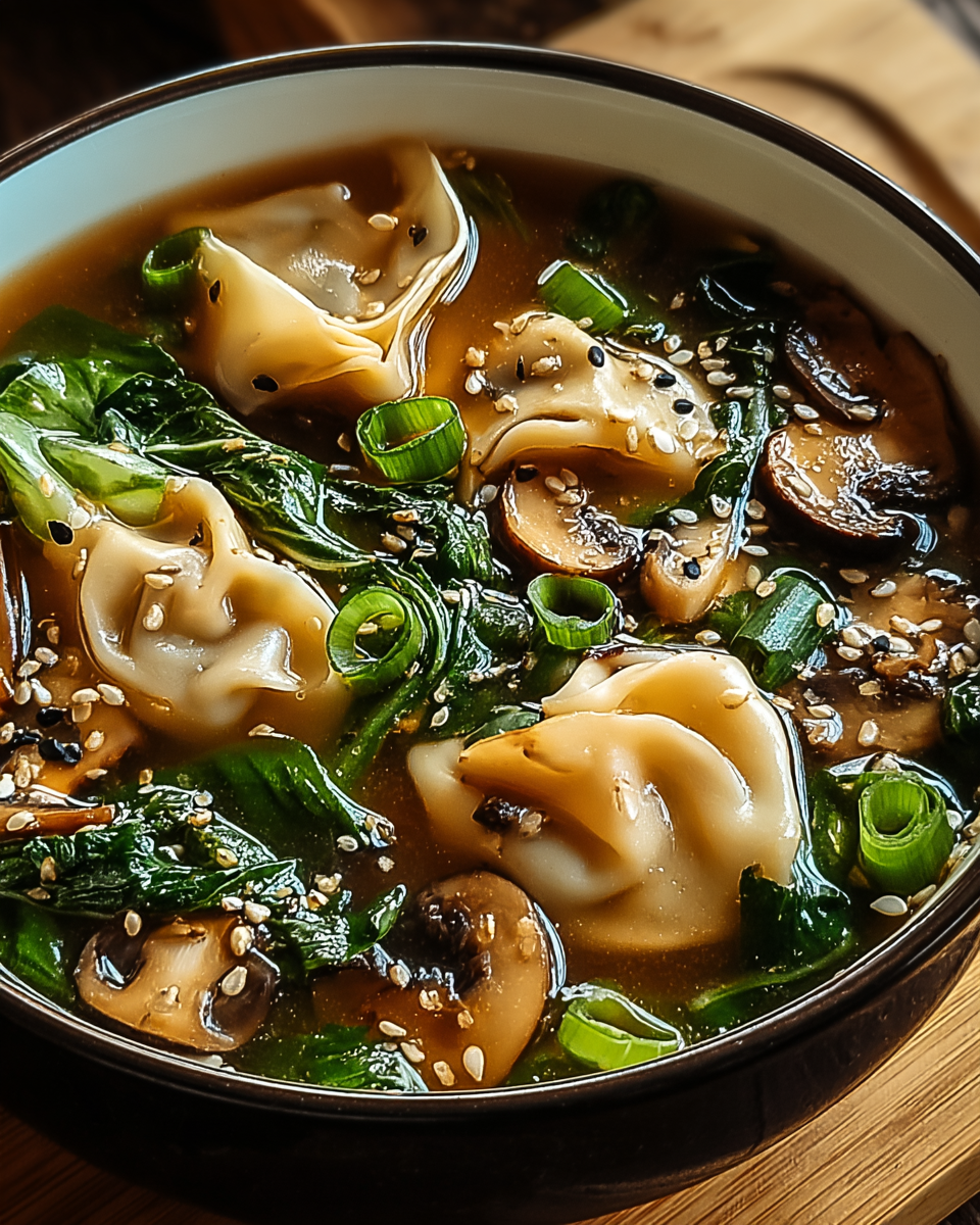 Potsticker Soup with Mushrooms and Bok Choy