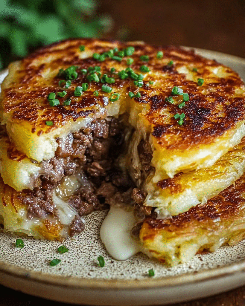Potato Pancakes with Savory Beef and Cheese Delight You! 5 Potato Pancakes with Savory Beef and Cheese