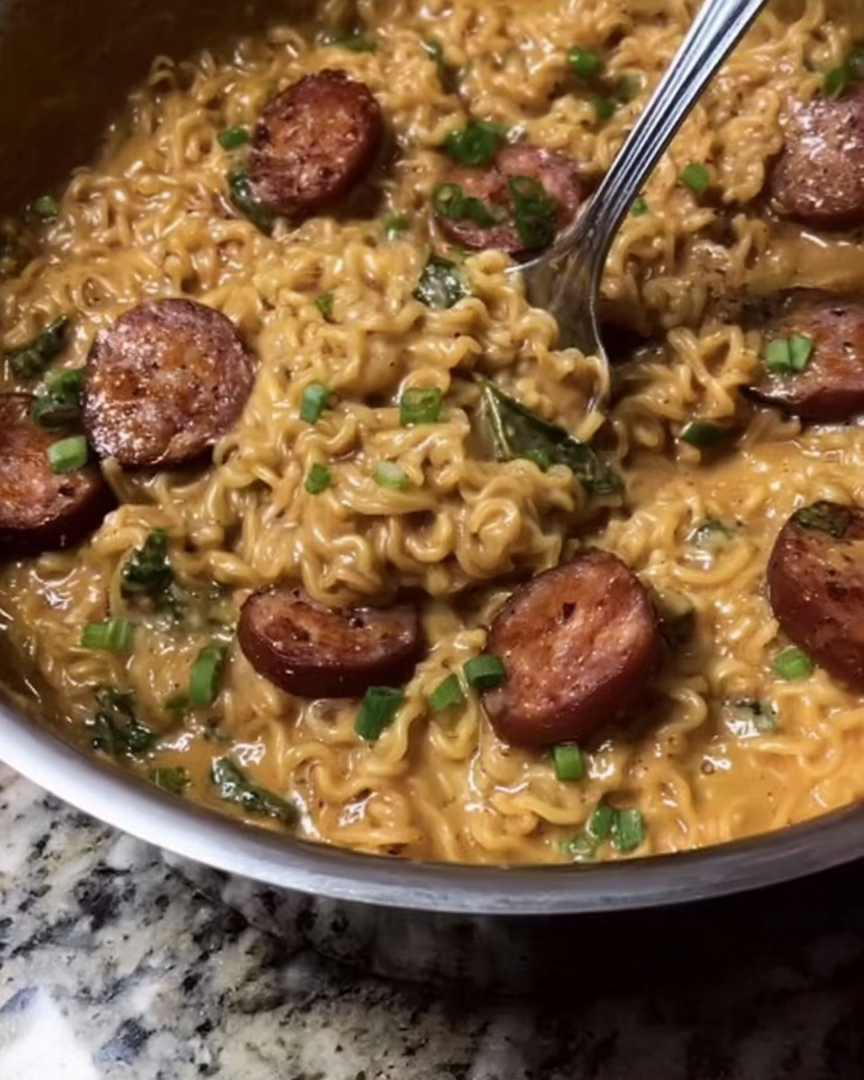 Creamy Spicy Ramen Noodles With Sausage