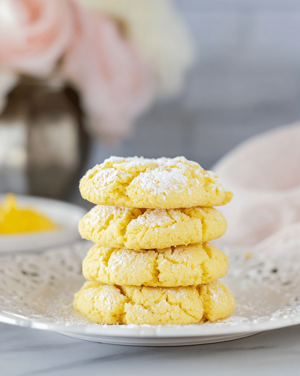 Lemon Cake Mix Cookies: Easy, Soft, and Delicious! 10 Stack of soft, yellow lemon cake mix cookies dusted with powdered sugar, arranged on a white plate with a blurred floral background.