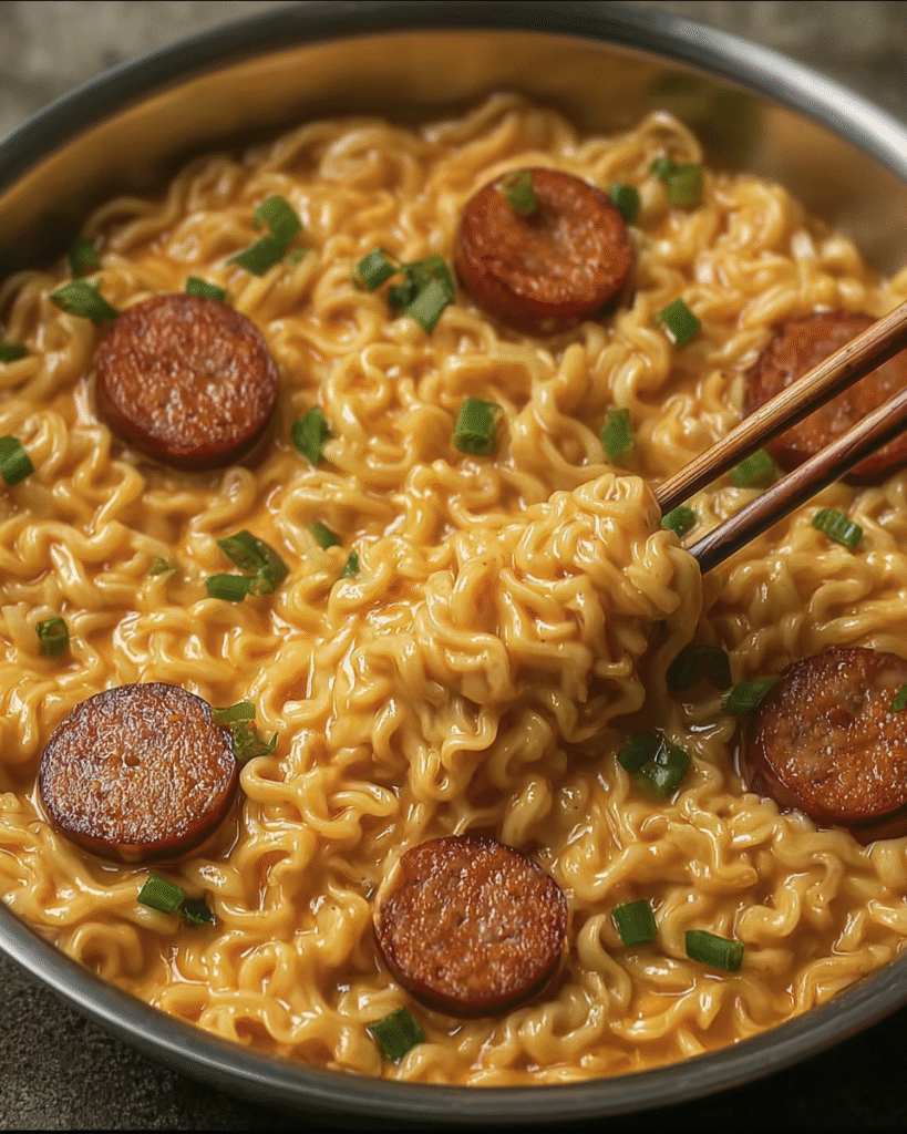 Creamy Spicy Ramen Noodles With Sausage