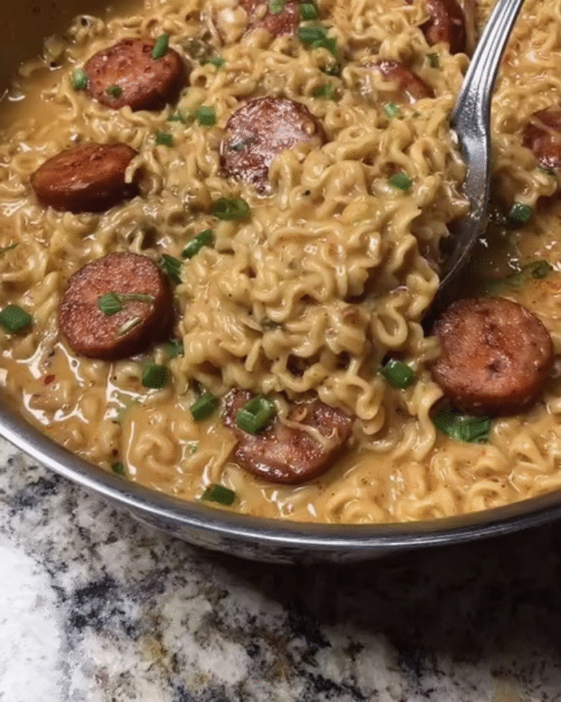 Creamy Spicy Ramen Noodles With Sausage