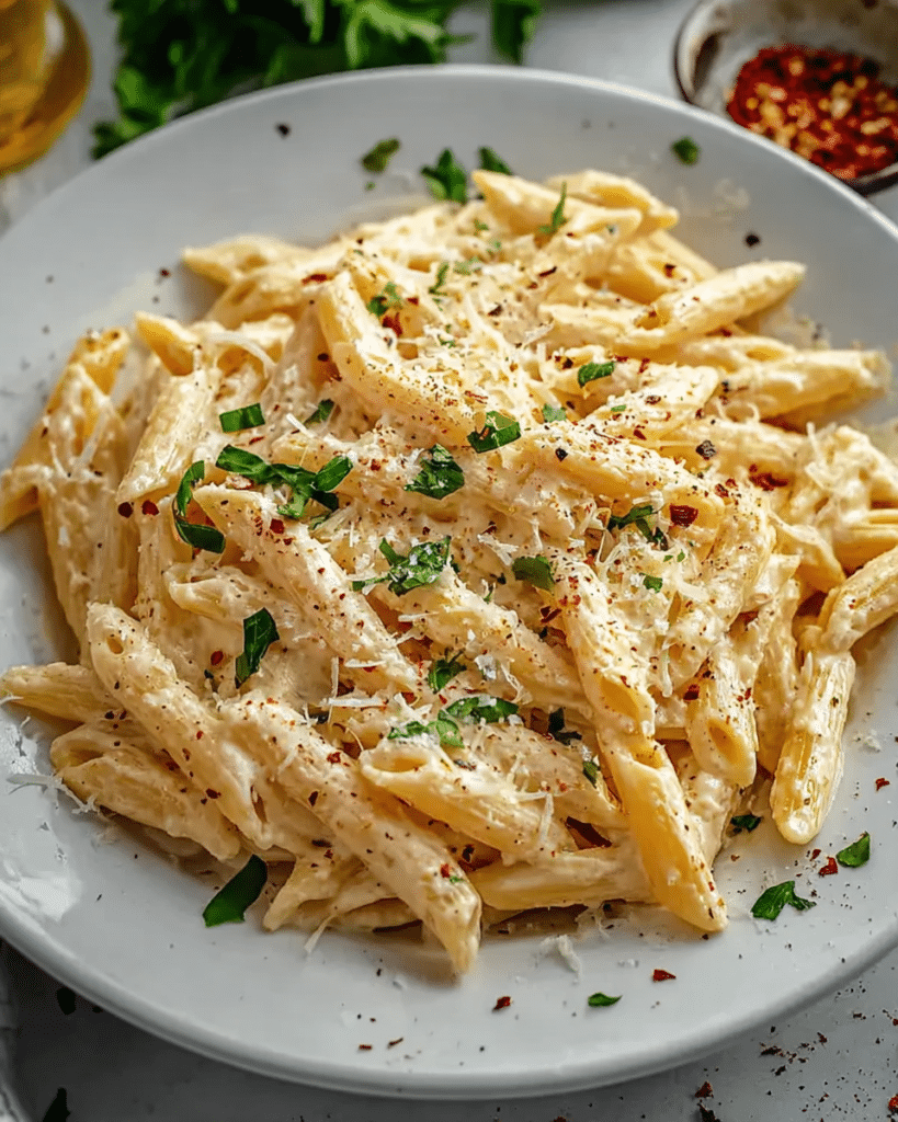One Pot Creamy Garlic Pasta topped with herbs, showcasing easy creamy pasta recipes.