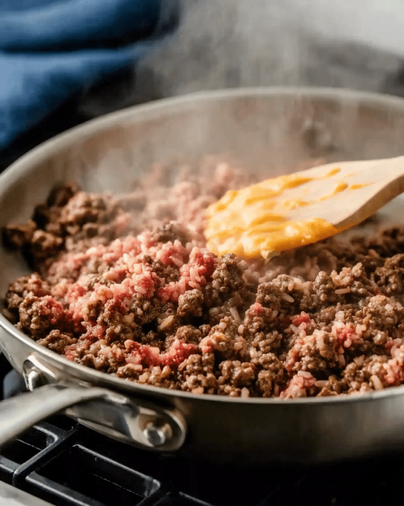 Cheesy ground beef rice casserole: a family favorite meal! 10 Creamy cheesy ground beef casserole with rice grains visible, hearty and family-friendly.