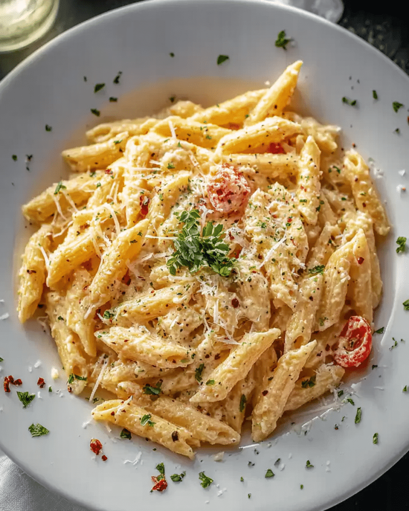 Creamy One Pot Garlic Parmesan Pasta served fresh with grated Parmesan and garlic.