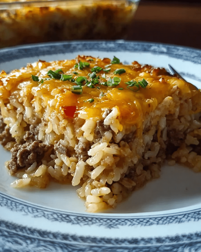 Cheesy ground beef rice casserole: a family favorite meal! 9 Serving dish filled with cheesy hamburger rice casserole, warm and comforting.