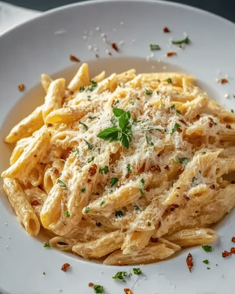 Bowl of One Pot Creamy Garlic Pasta with rich butter garlic Parmesan sauce.