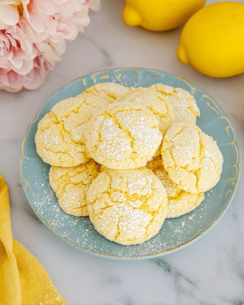 Lemon Cake Mix Cookies: Easy, Soft, and Delicious! 11 Stack of soft, yellow lemon cake mix cookies dusted with powdered sugar, arranged on a white plate with a blurred floral background.