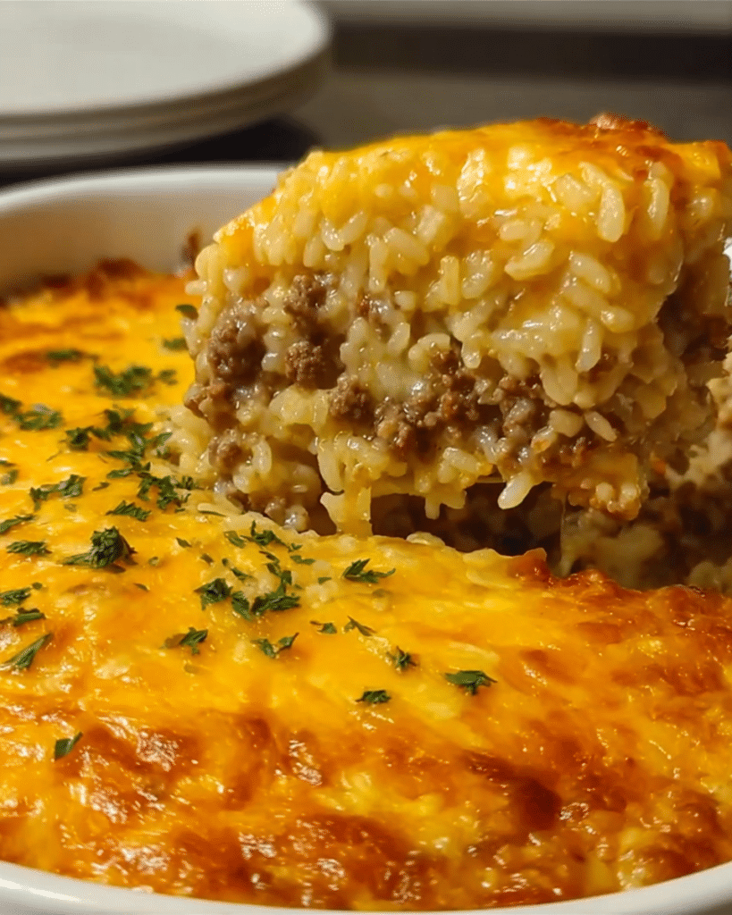 Cheesy ground beef rice casserole: a family favorite meal! 11 Skillet of ground beef and rice casserole with cheddar topping, great for 1lb hamburger meat recipes.