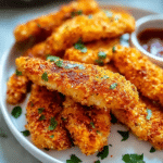 Baked Chicken Tenders: Discover the Crispy Secret! 9 Crispy baked chicken tenders on a tray, showing golden texture for Chicken Tender Dinner Ideas and Chicken Fingers Baked meals.
