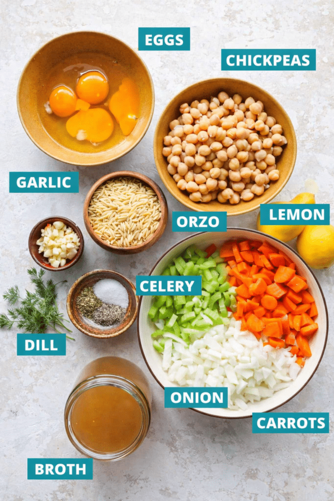 Lemony Greek Chickpea Soup: A Flavorful Healthy Delight 15 Recipe ingredients in separate bowls with teal labels