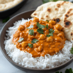 Vegetarian chickpea tikka masala served over a bed of white rice and with whole wheat naan on the side.