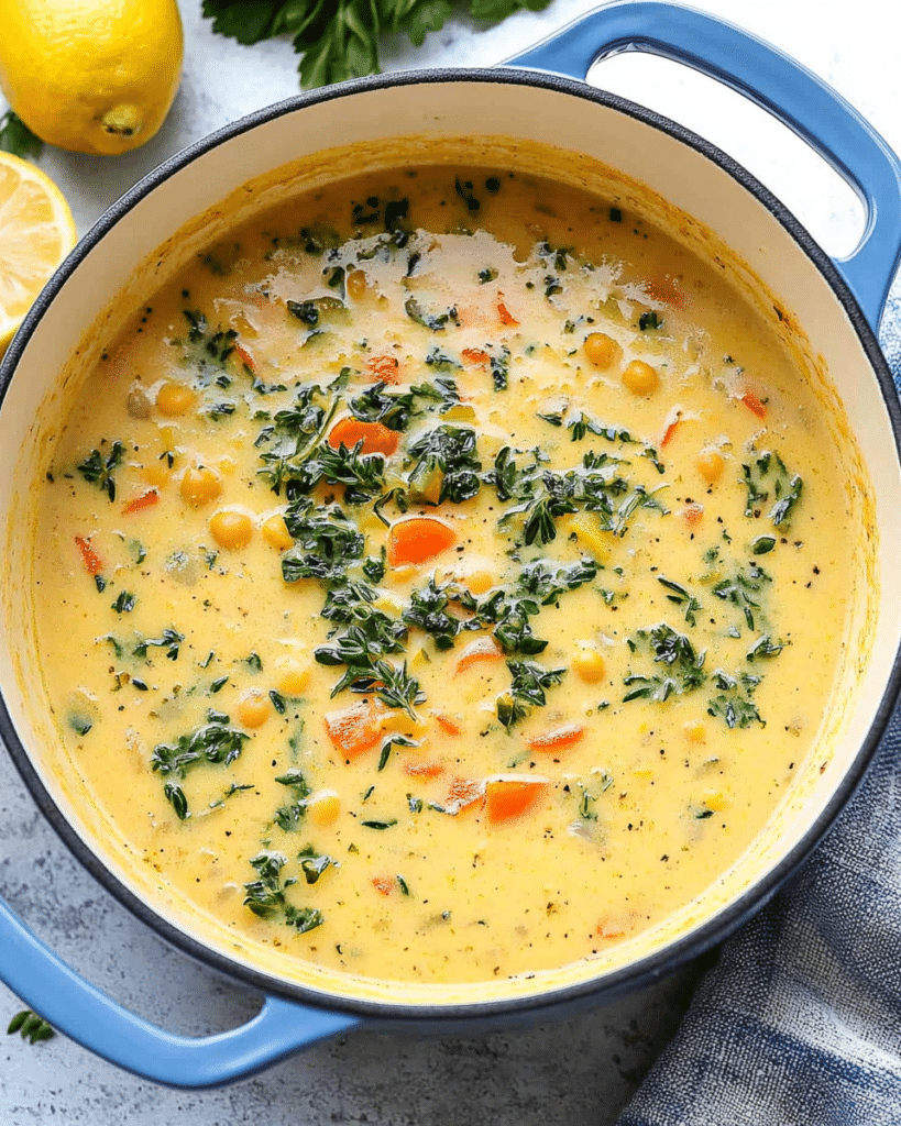 Lemony Greek Chickpea Soup: A Flavorful Healthy Delight 19 Finished soup in a large blue Dutch oven