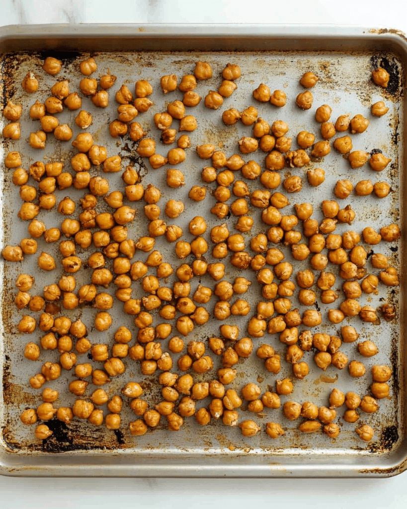 Roasted chickpeas in a baking tray after baking. 