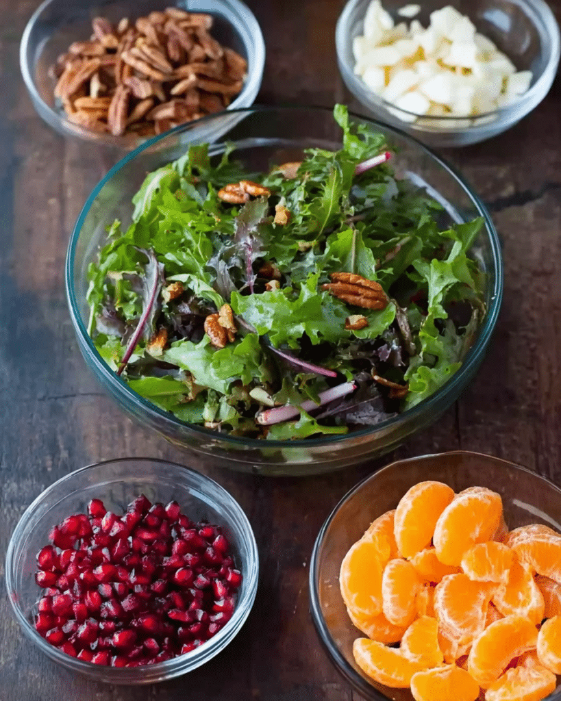 Healthy winter salad filled with seasonal greens and pomegranate seeds for holiday salad recipes.