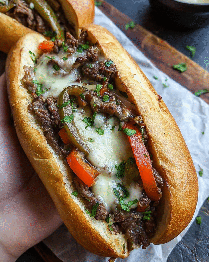 Philly Cheesesteak: Discover the Perfect Recipe Today! 11 Close-up of a juicy Philly Cheesesteak sandwich with melty cheese and peppers.