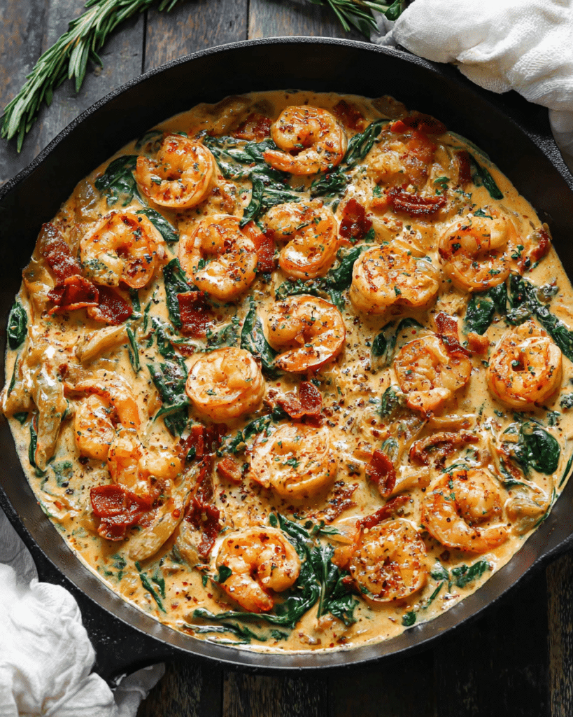 Creamy Tuscan shrimp with spinach cooked in a skillet