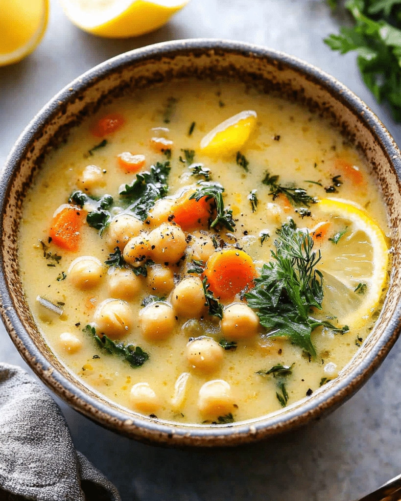 Lemony Greek Chickpea Soup: A Flavorful Healthy Delight 20 Bowls of chickpea soup with lemon wedge garnishes on the side