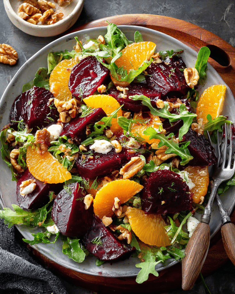 Warm winter beet salad served as a healthy holiday side dish