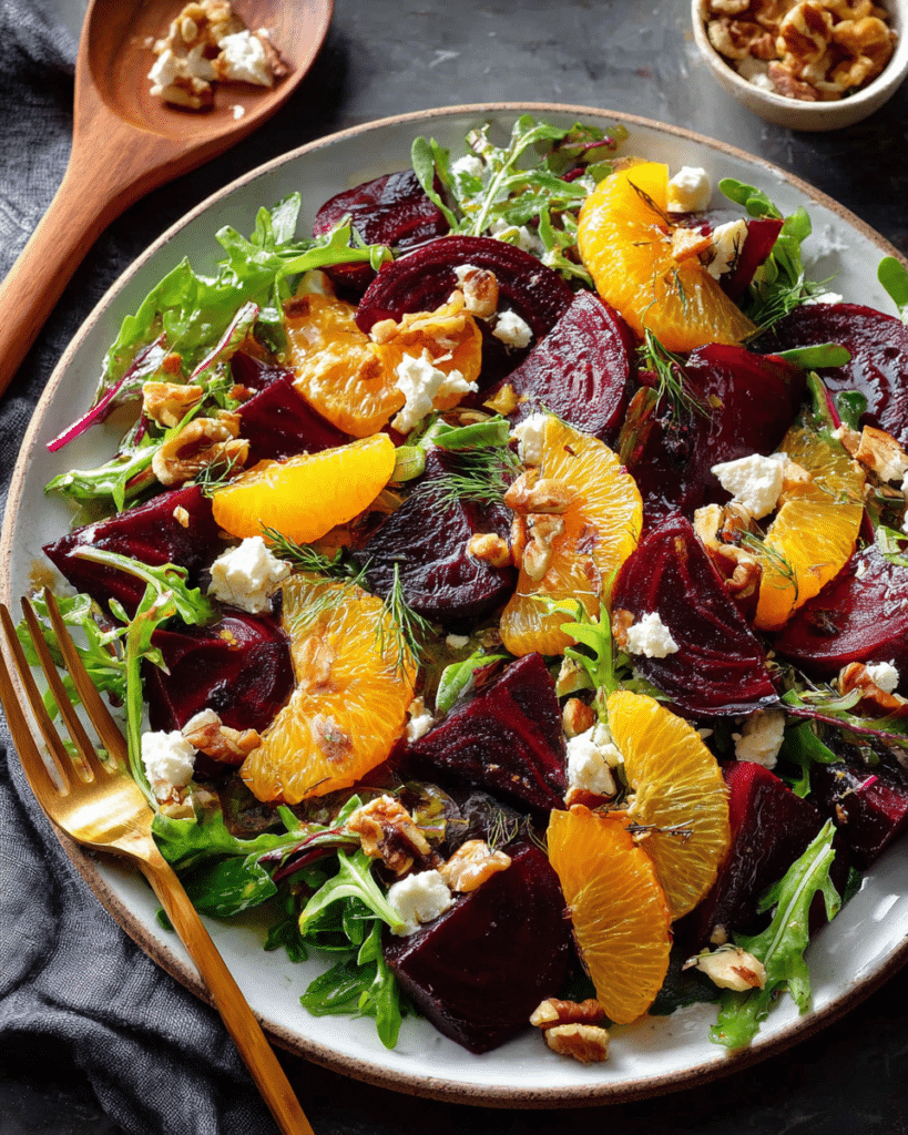 Beetroot salad recipe featuring roasted beets and winter greens