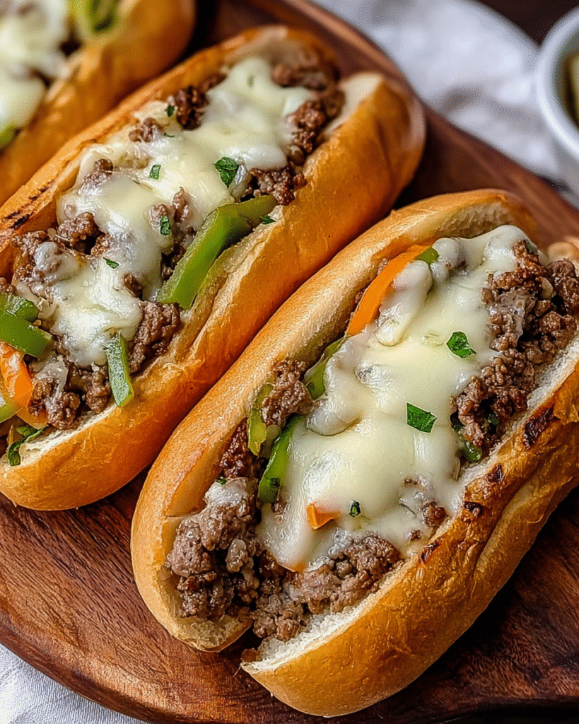 Philly Cheesesteak: Discover the Perfect Recipe Today! 10 Homemade Philly Cheesesteak with onions and provolone cheese on toasted bread.