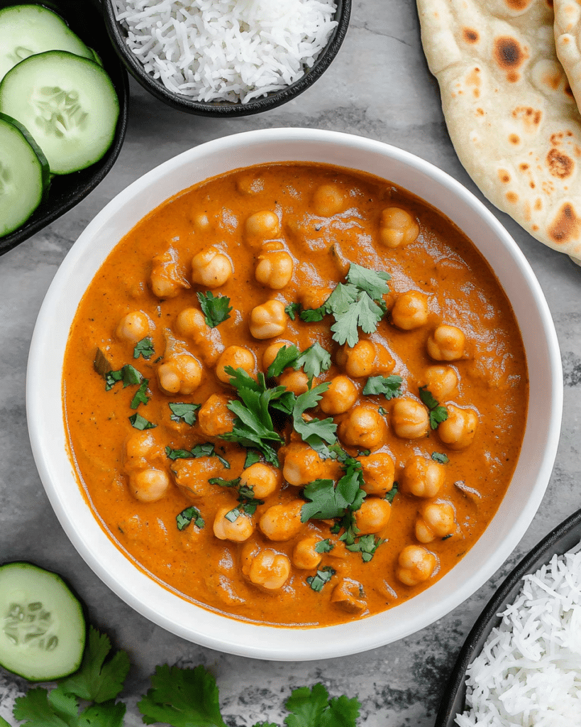 Chickpea tikka masala garnished with fresh cilantro in a serving bowl and served with whole wheat naan, plain rice, and cucumber slices on the side.