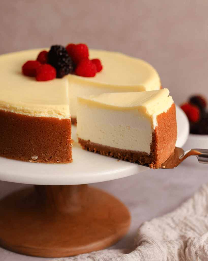 A slice of Classic New York Cheesecake decorated simply, inspired by Best Cheesecake Recipe New York.