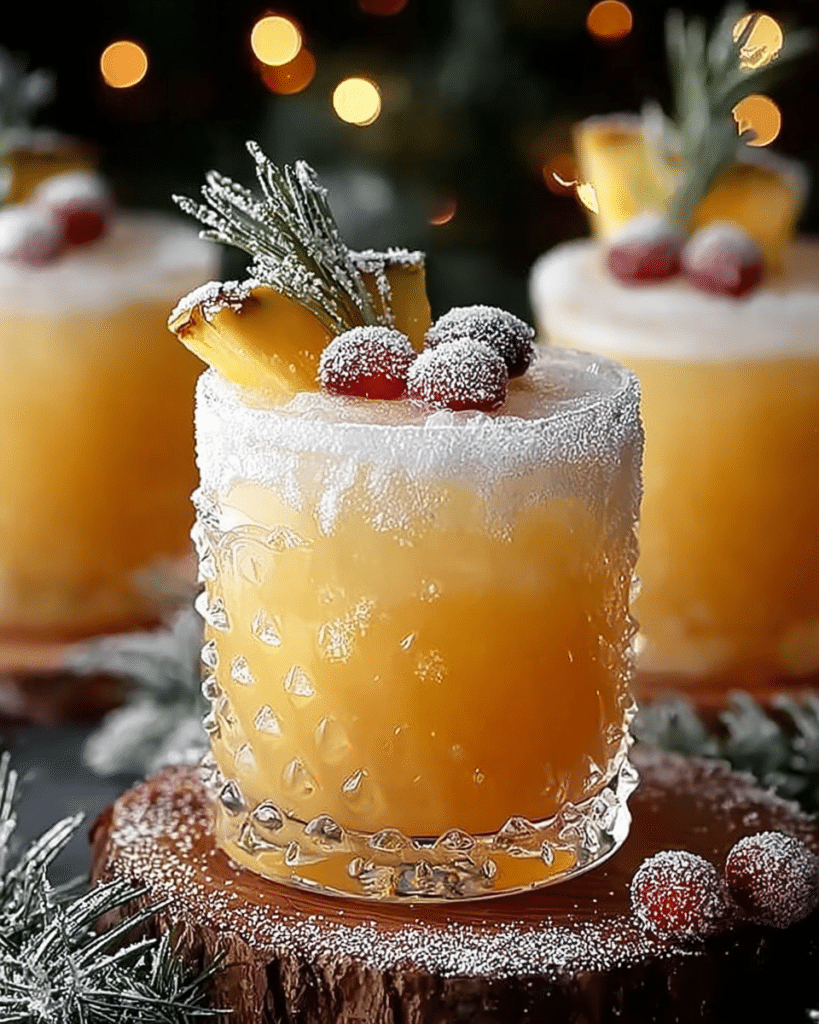 Winter pineapple punch mocktail with icy sugar rim and Christmas decor