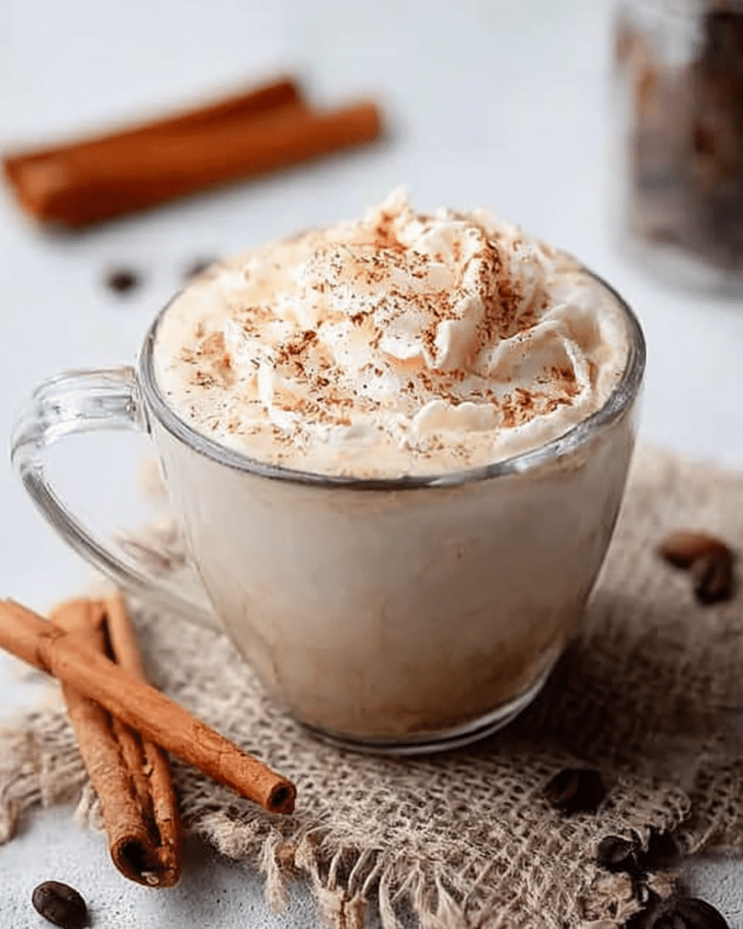 Homemade vanilla cinnamon latte with coffee beans and cinnamon sticks