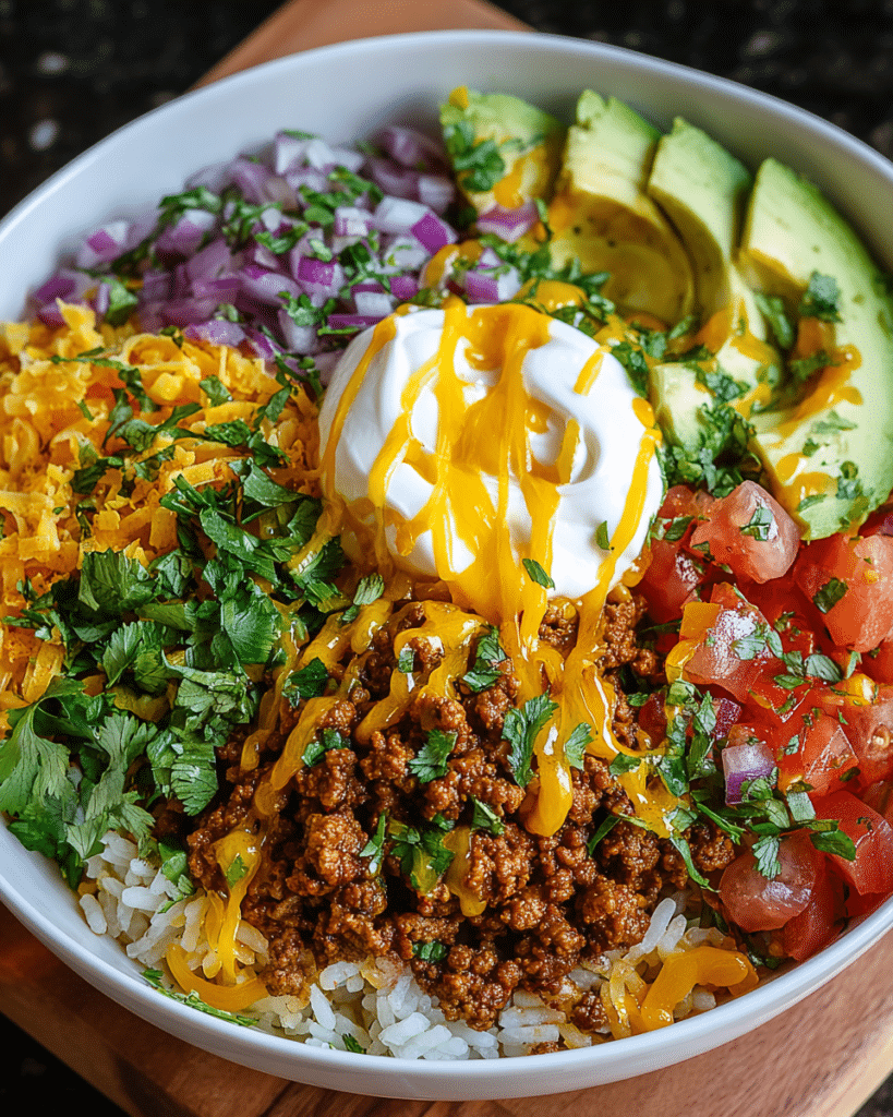 Colorful Tex-Mex rice bowl with seasoned ground beef and fresh toppings