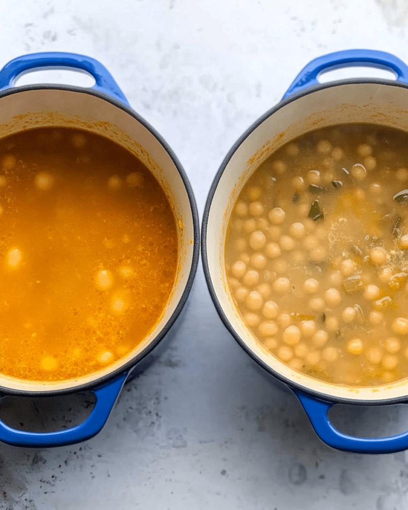 Lemony Greek Chickpea Soup: A Flavorful Healthy Delight 17 Broth, chickpeas, and orzo being simmered in a blue Dutch oven