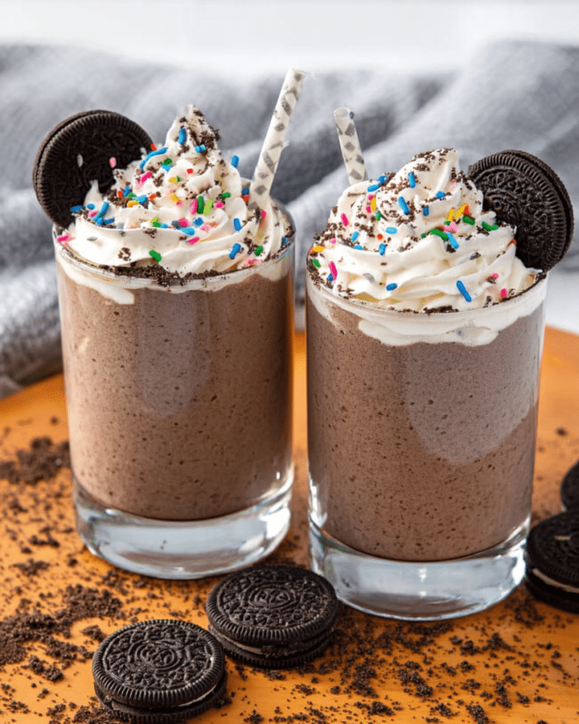 Oreo Chocolate Milkshake: Blend Your Perfect Treat Now! 9 Oreo chocolate milkshake topped with whipped cream and sprinkles