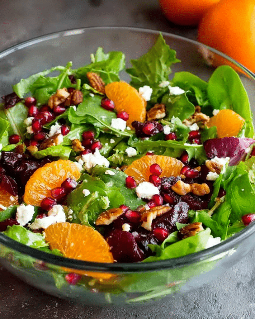 Thanksgiving-style winter salad with bright colors and a fresh salad aesthetic.