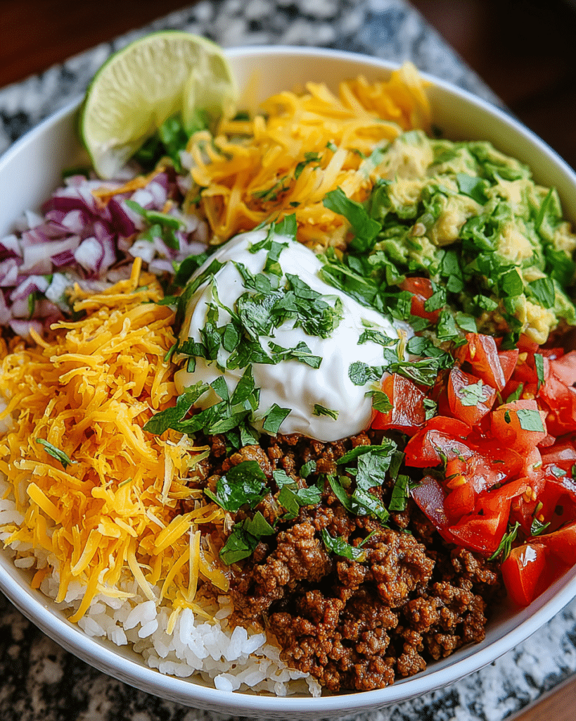 Loaded taco rice bowl topped with cheese, tomatoes, avocado, and green onions