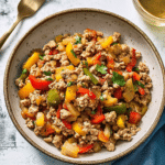 A serving bowl of cooked ground turkey and peppers with white rice on the side