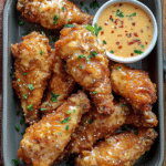 Healthy Bang Bang Chicken: Enjoy Guilt-Free Flavor! 15 Crispy Bang Bang Chicken Tenders in a Pan with Sauce on a Wooden Table.