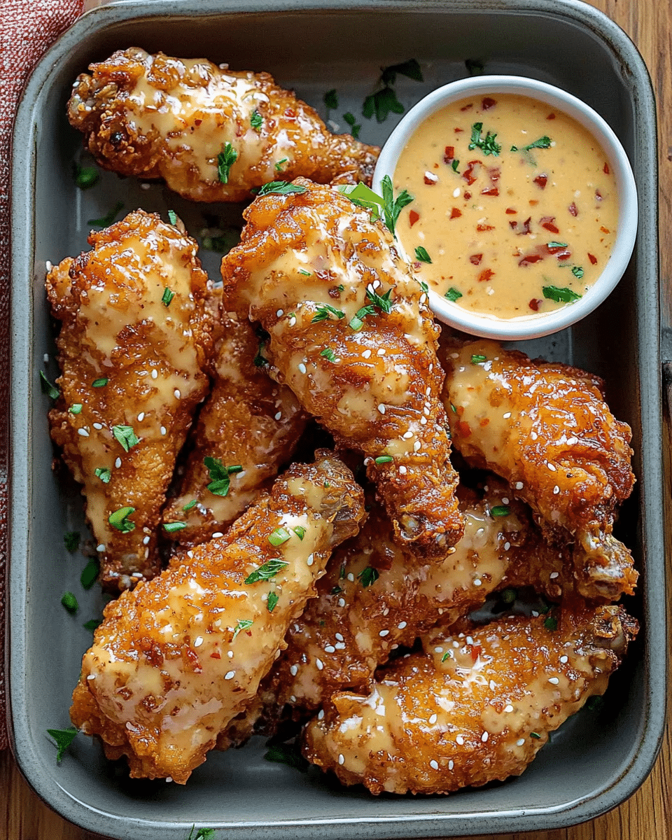 Healthy Bang Bang Chicken: Enjoy Guilt-Free Flavor! 10 Crispy Bang Bang Chicken Tenders in a Pan with Sauce on a Wooden Table.