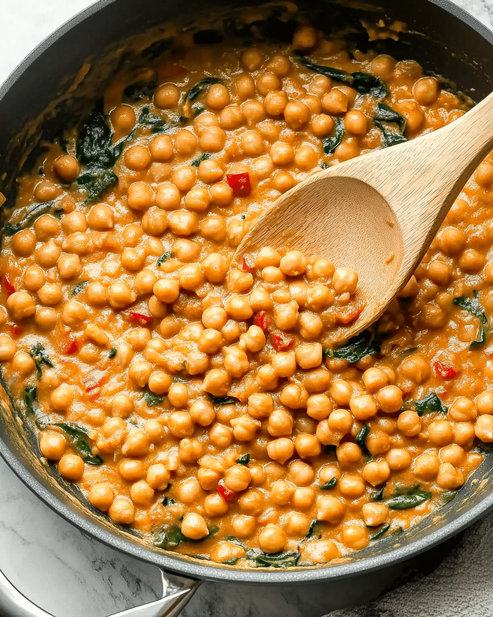 Marry Me Chickpeas: A Creamy Vegan Delight! 10 a wooden spoon stirring a batch of Marry Me Chickpeas in a large skillet.
