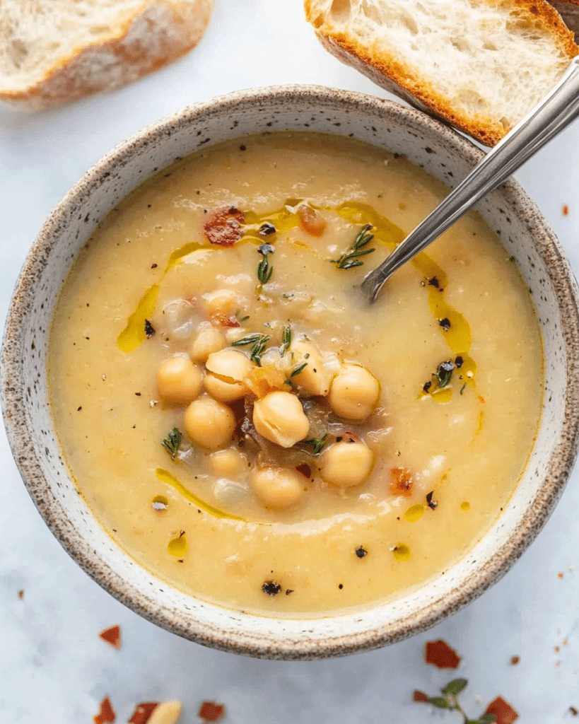 Top view of a bowl full of vegan garlic chickpea soup with a spoon served with crusty bread.