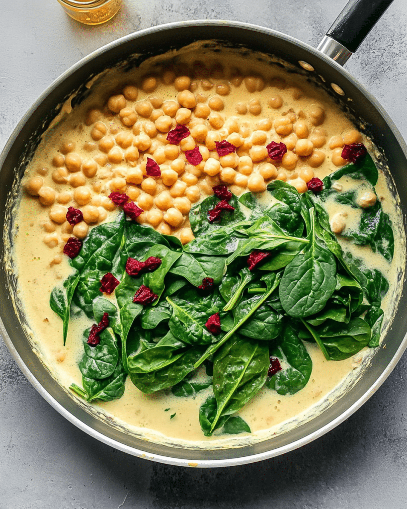 Marry Me Chickpeas: A Creamy Vegan Delight! 12 fresh spinach in a large pan with chickpeas and cream sauce.