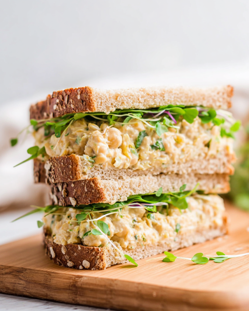 Chickpea salad sandwich on a wooden board.