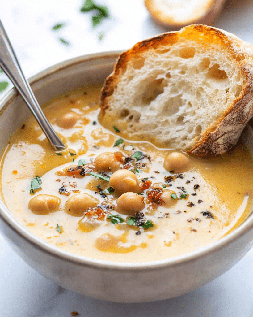 Close-up of a bowl full of vegan garlic chickpea soup with a spoon and a slice of crusty bread.