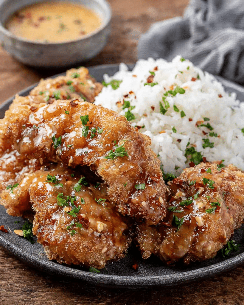 Healthy Bang Bang Chicken: Enjoy Guilt-Free Flavor! 11 Plated Bang Bang Chicken that is Crispy on a Bed of Rice on a Wooden Table.