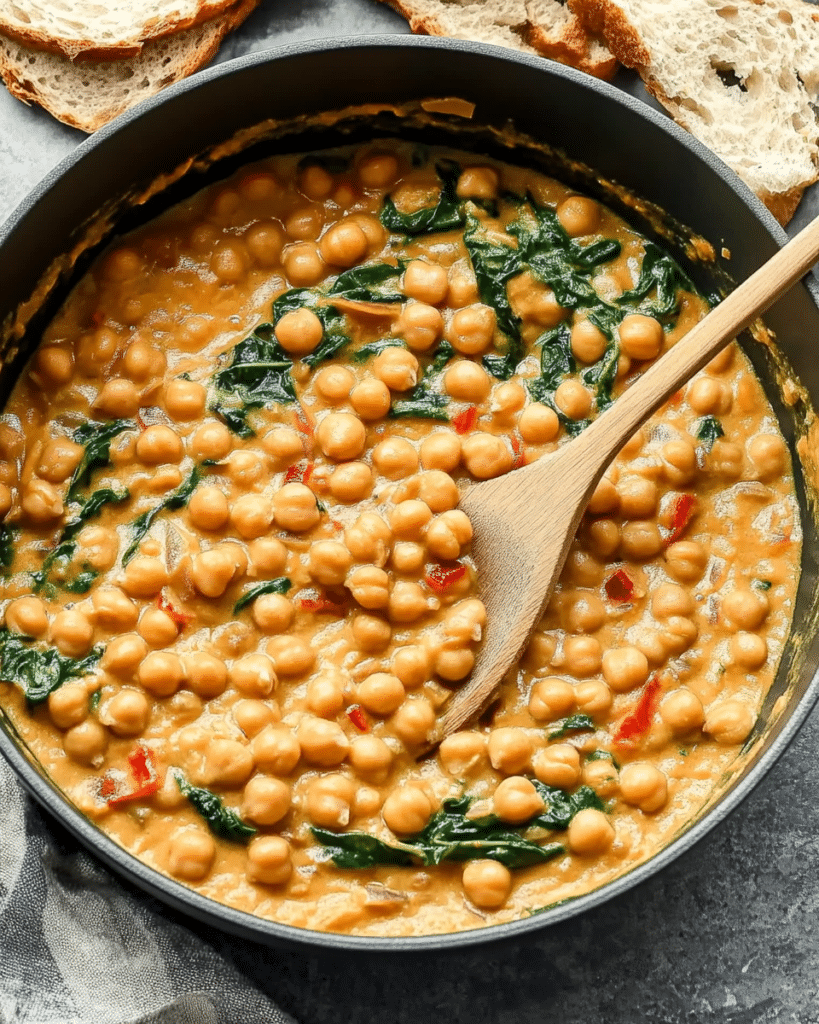 Marry Me Chickpeas: A Creamy Vegan Delight! 11 a wooden spoon stirring a batch of Marry Me Chickpeas in a large skillet.