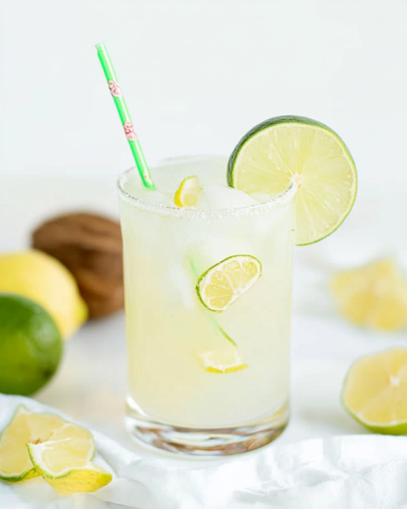A single ice-cold glass of the Hydrating Citrus Coconut Refresher mocktail or cocktail!