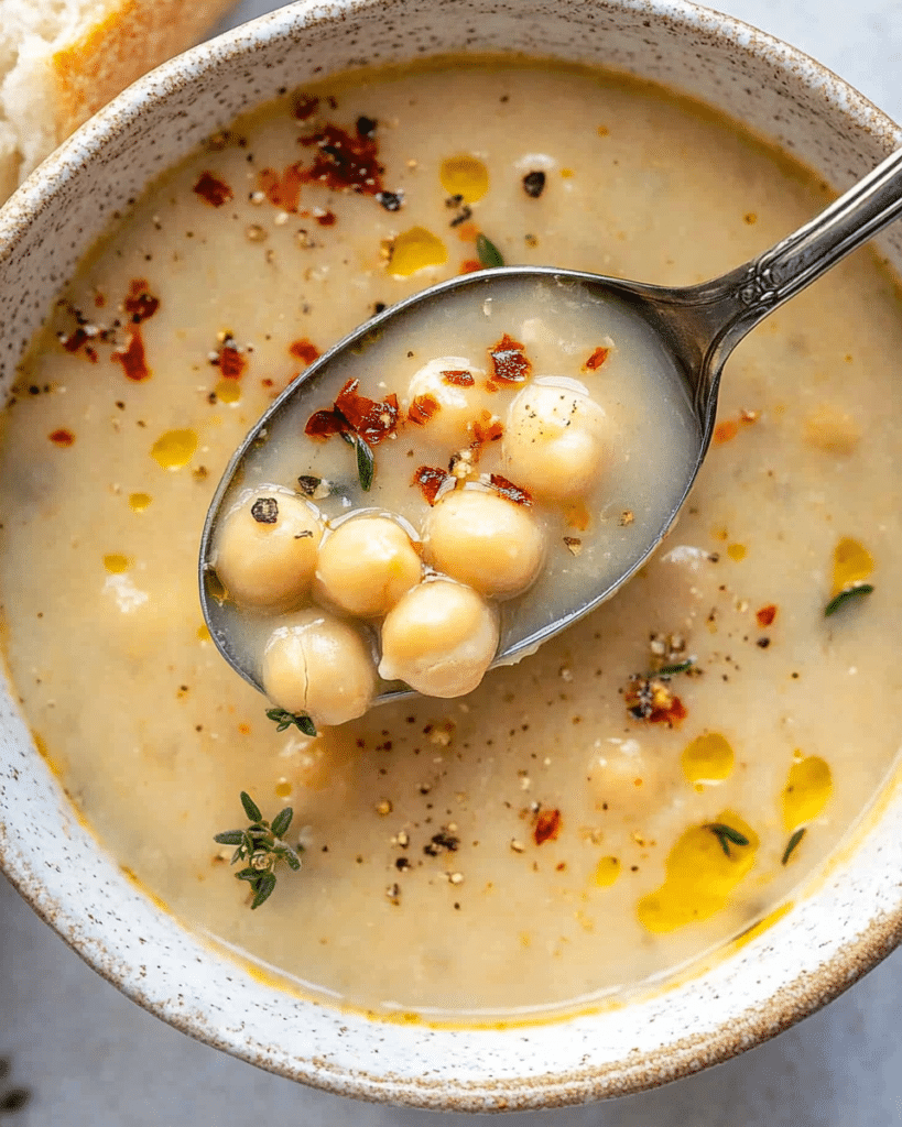 Top view of a bowl and a spoon full of garlic chickpea soup with chili flakes and dried herbs.