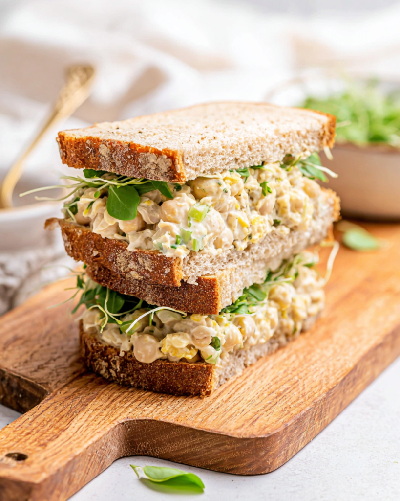 Chickpea salad sandwich on a wooden board.